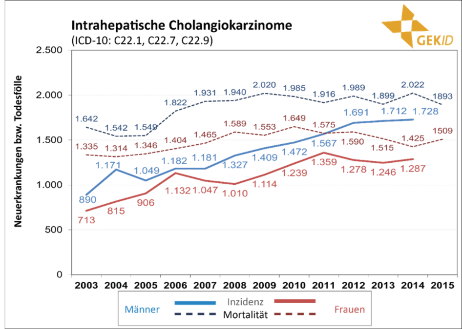 Inzidenz und Mortalität biliärer Karzinome in Deutschland – Zahl der Neuerkrankungen und der Sterbefälle im zeitlichen Verlauf [5] –intrahepatische Cholangiokarzinome
