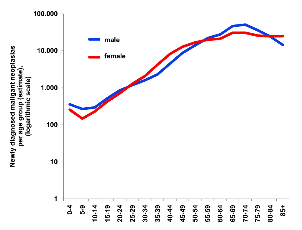 Total of New Diseases Depending on Age (estimated by GEKID, logarithmic scale)